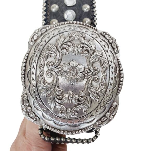 Vintage Women\'s Leather Belt Detailed Rhinestone Flower Studded Black & Silver main image 7